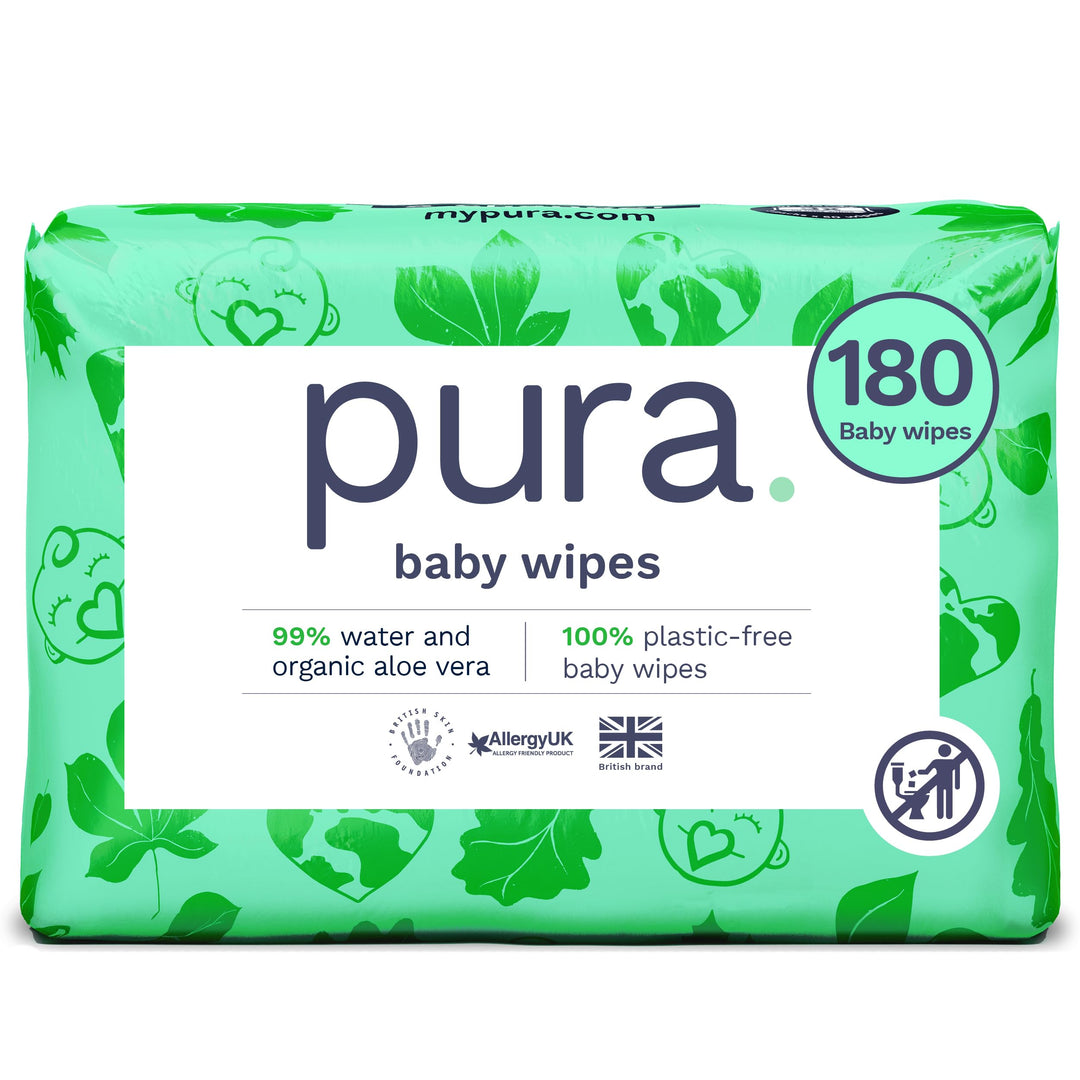 Pura Spülbare Öko-Baby-Feuchttücher für empfindliche Babyhaut, 1080 Tücher (18 x 60 Tücher), Monatsb