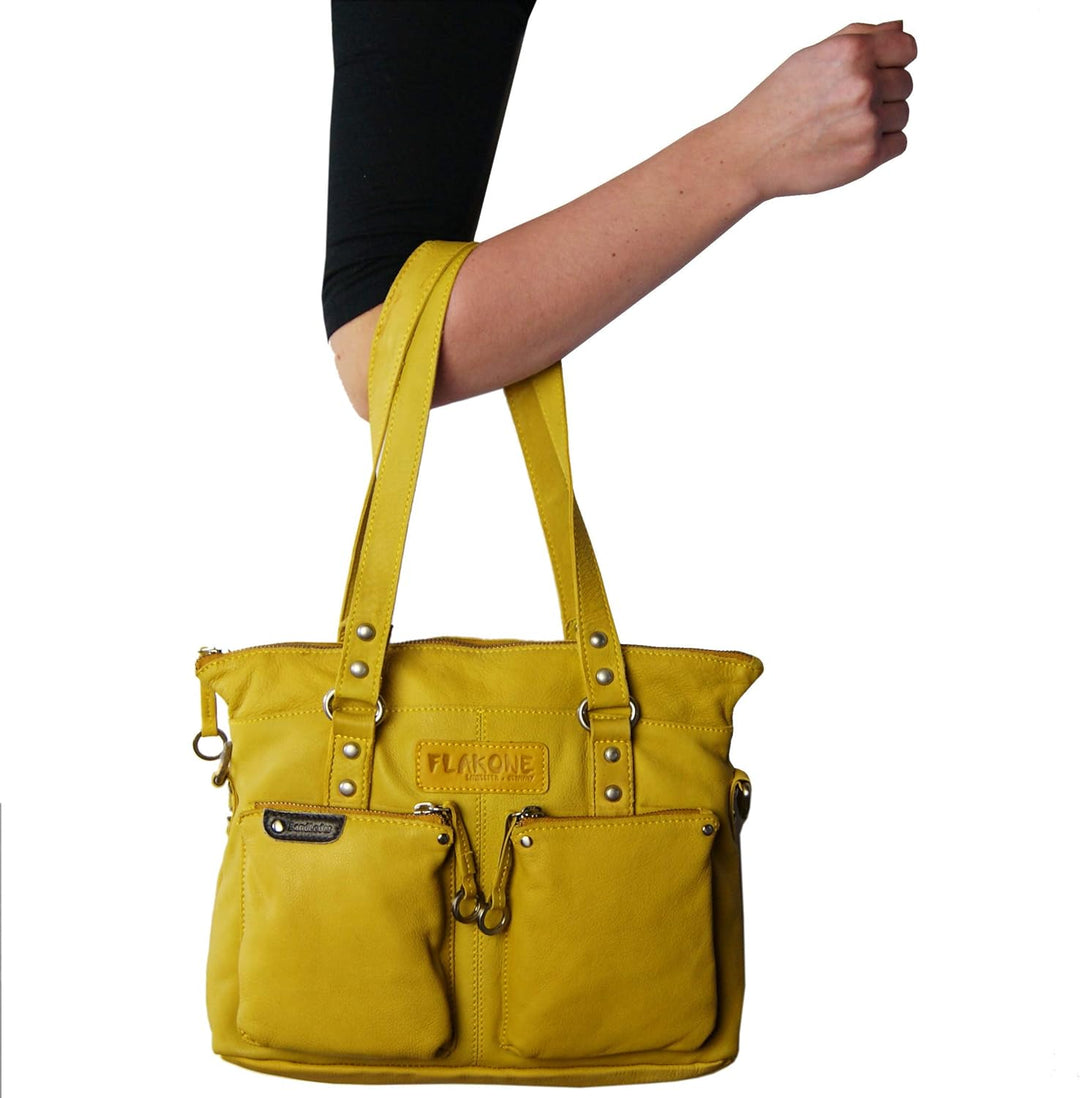 LL Baron of MALTZAHN Damen Schultertaschen FLAKONE Yellow-Corn Shopper-718 aus Leder incl. Lederpfle