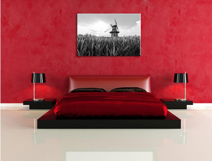 Pixxprint Windmühle auf dem Feld / 100x70cm Leinwandbild bespannt auf Holzrahmen/Wandbild Kunstdruck
