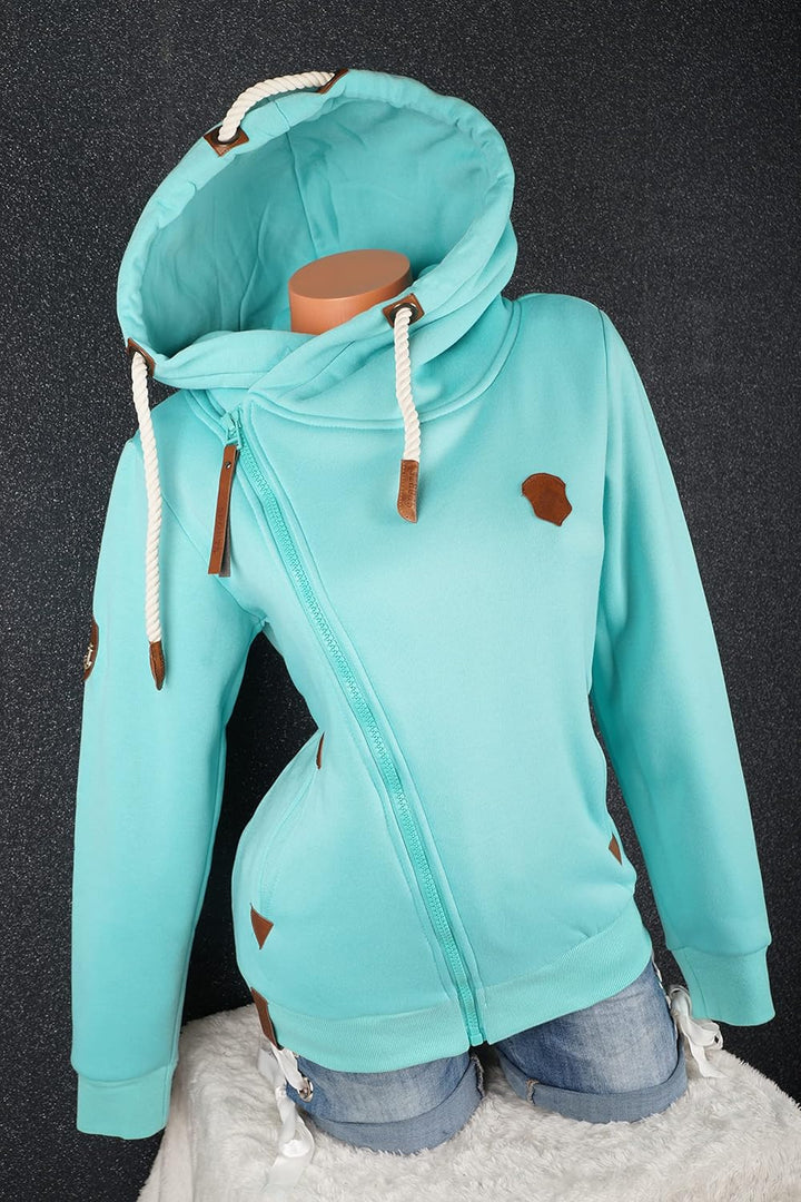 VIN TE Damen Sweat Jacke XXL Kapuze Hoodie Übergangsjacke Fleece gefüttert schräger Reissverschluss