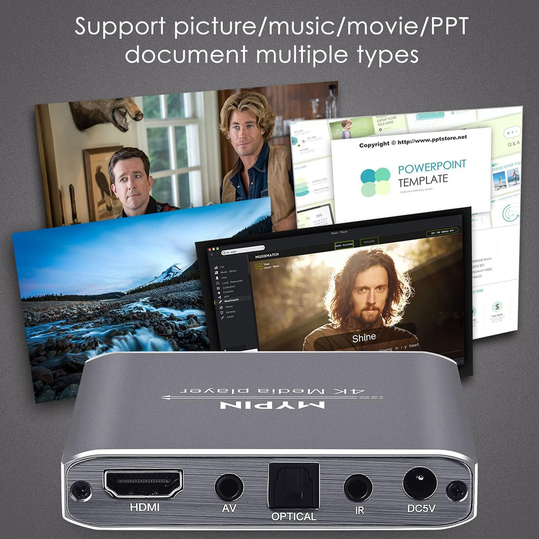 MYPIN HDMI Multimedia Player, 4K@30Hz Digital Media Player HDMI/AV-Ausgang PPT MKV AVI RMVB RM für H