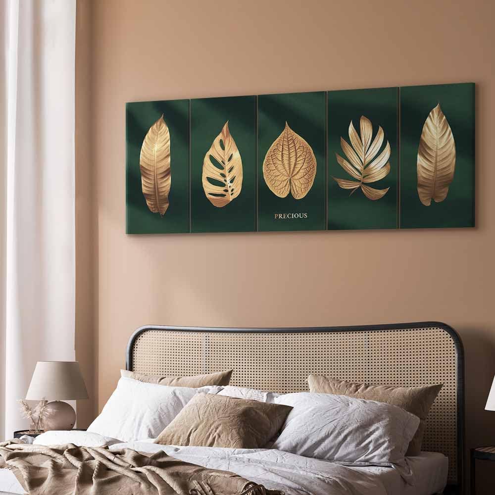 murando - Bilder goldene Blätter 150x60 cm Vlies Leinwandbild 5 Teilig Kunstdruck modern Wandbilder