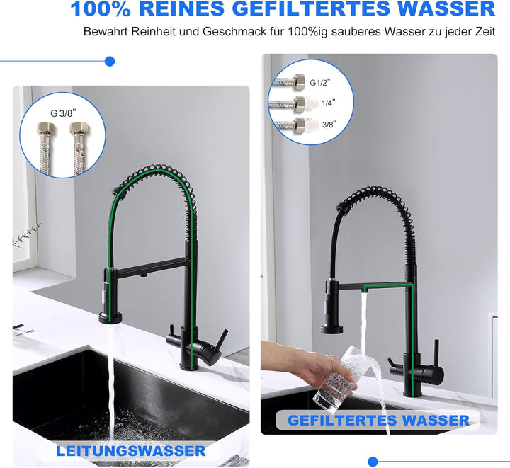 KEOKBON 3 Wege Wasserhahn Küche Schwarz mit 2 Funktion Brause, 360° Drehbar Küchenarmatur aus Messin