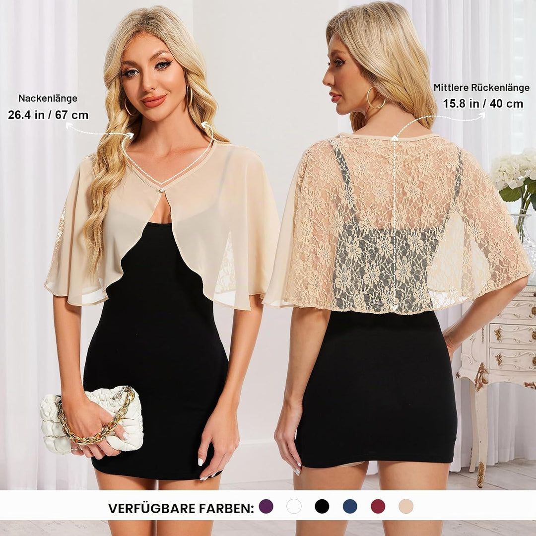 Damen Spitzen Schal Stola Chiffon Umhang Cape Capelets für Hochzeit Abendkleid Braut Party Elegant S