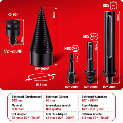 SCHWABENBACH ® Bohrkegel Holzspalter 42mm mit 4 Adapter - Präzises & schnelles Spalter für Holz - Ke