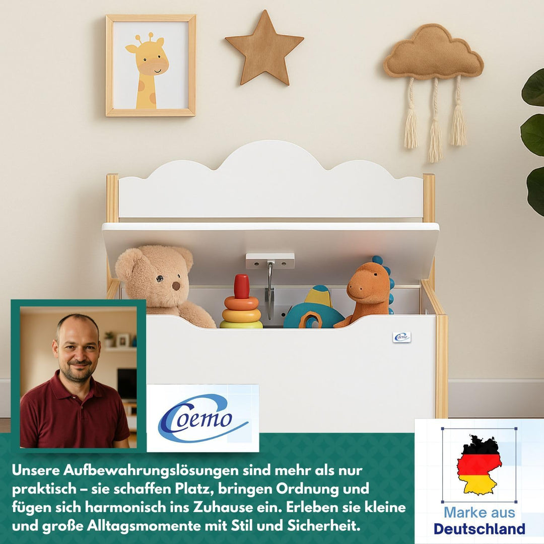 Coemo Spielzeugtruhe mit Sitzbank, Holztruhe Weiss Trudi 60×26×55 cm – Kinderzimmer Bank mit Staurau