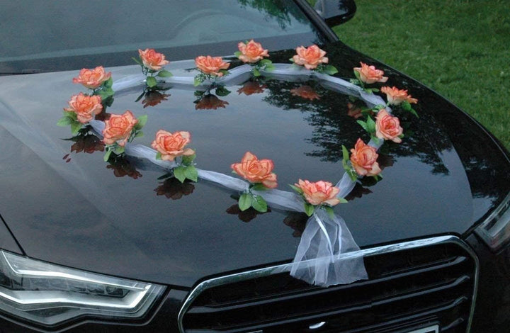 Organza Herz Auto Schmuck Braut Paar Rose Deko Dekoration Autoschmuck Hochzeit Car Auto Wedding Deko
