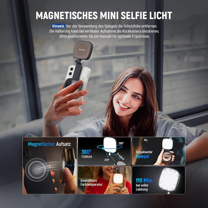 NEEWER Basics Magnetisches Selfie Licht Kompatibel mit iPhone MagSafe, Mini LED Tisch Telefonständer