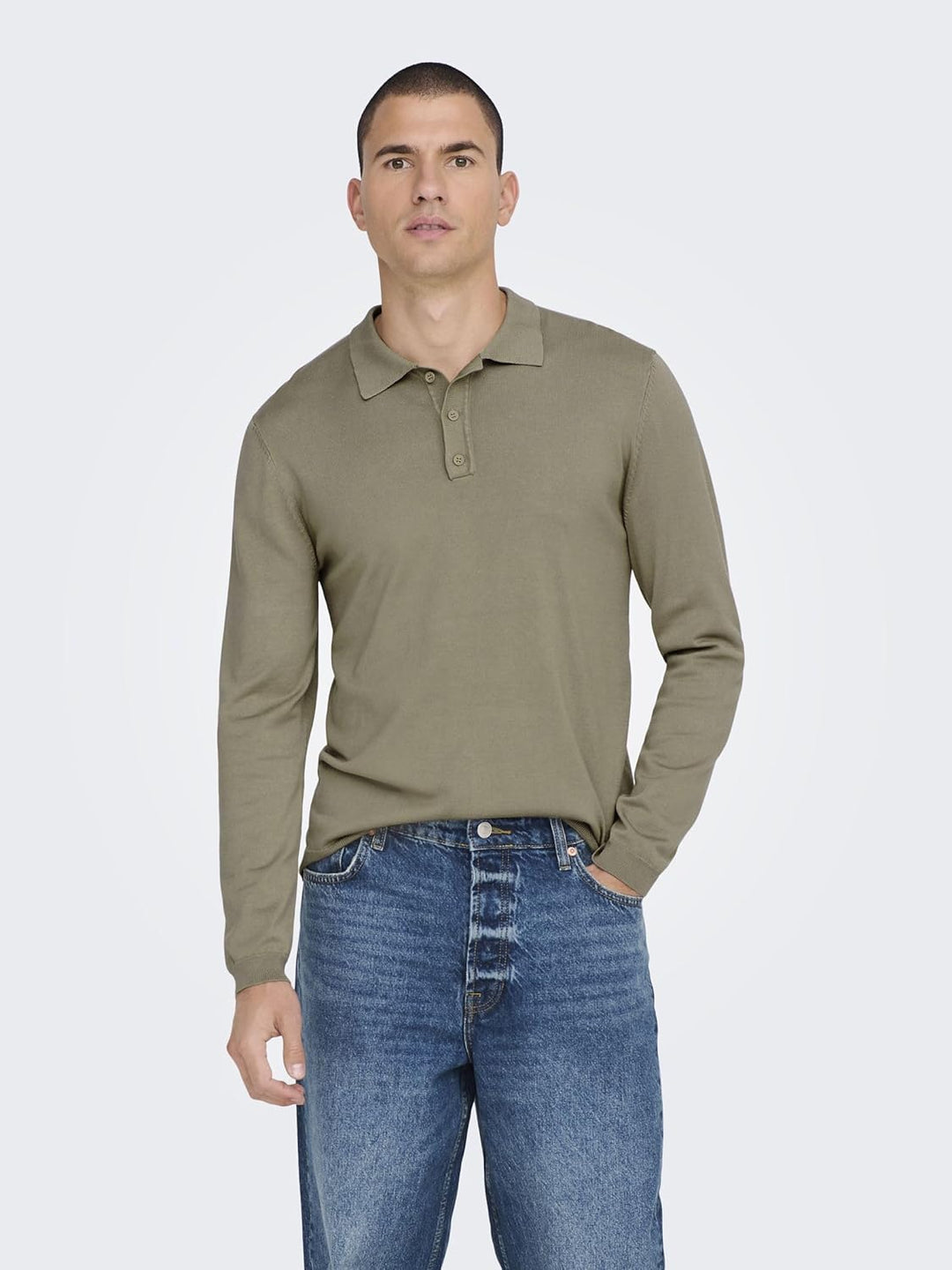 Herren O&S Polo Langarm Shirt Basic Pullover aus Baumwolle Longsleeve Knitted Sweater ONSWYLER, Chin