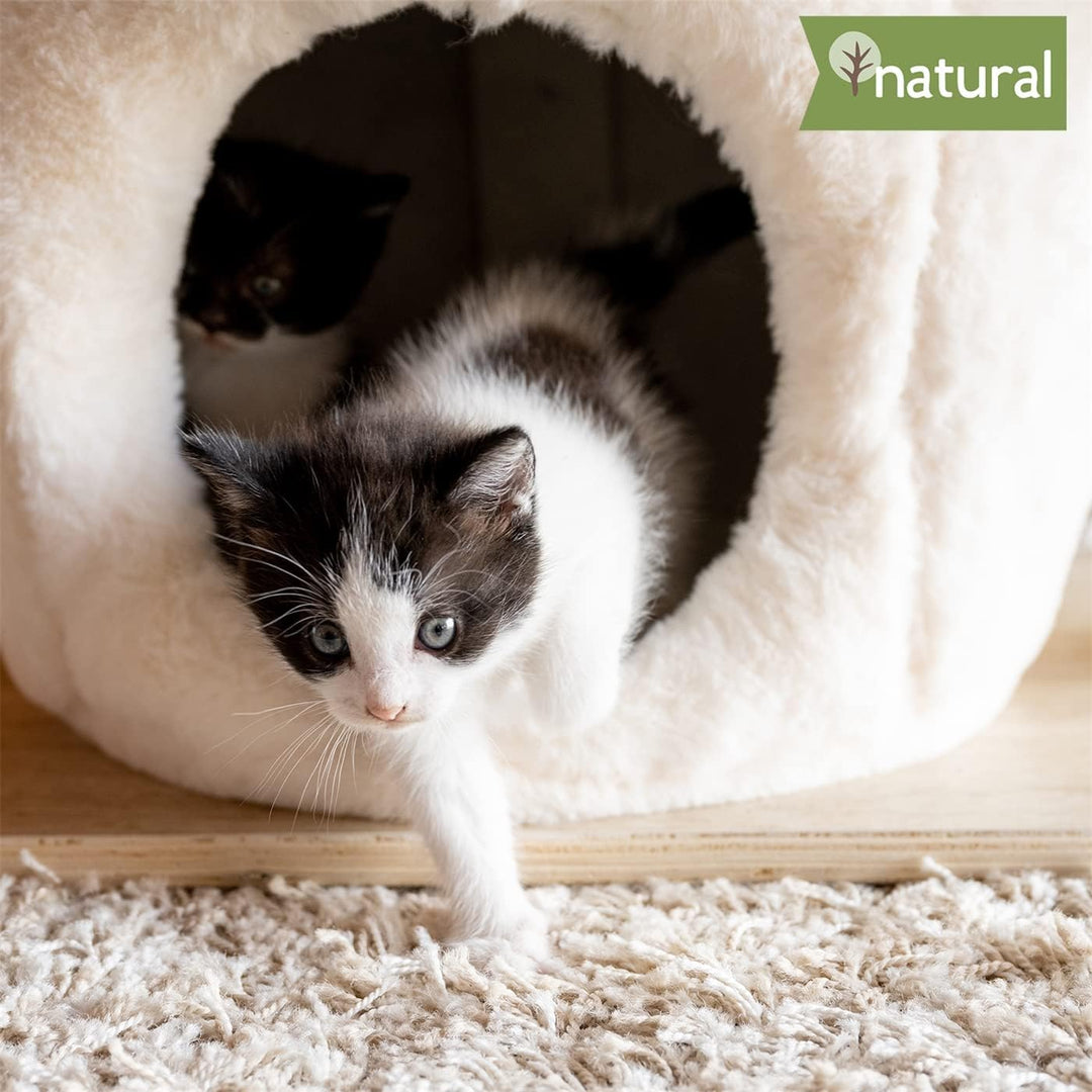 VOSS.pet Flauschiges Katzenhaus Mary 42cm, Premium Kratzbaum mit Naturholz vom Tanoak Baum, Kletterb