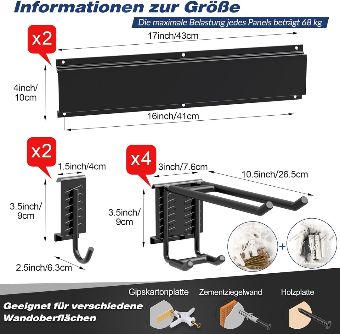Werkzeug-Wandregal, verstellbar Wandhalterungen für Garage und Garten mit 6 Haken &amp; 2 Schienen, Hoch