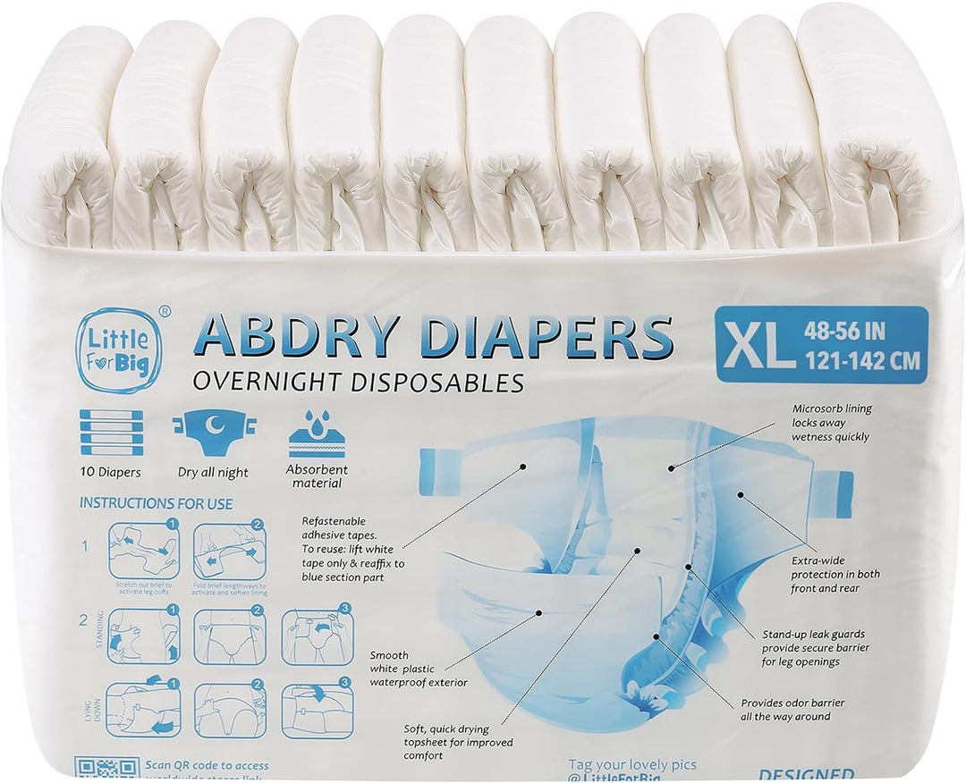 LittleForBig Erwachsenen Windeln 10 Stück - ABDry Weisse Windeln (X-Large 121-142 CM) XL, XL