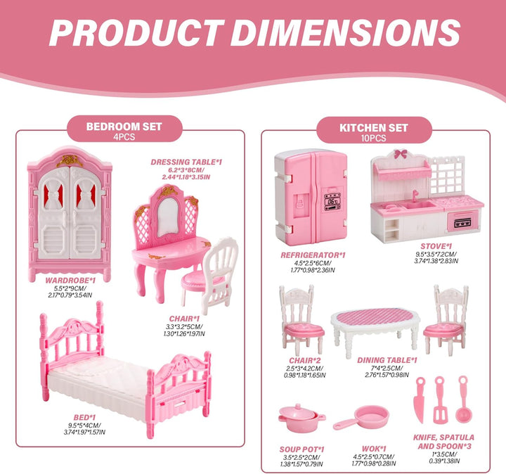 4 Sets Dollhouse Möbelset, realistische Plastikpuppenhausminiaturen umfassen Küchen, Schlafzimmer, B