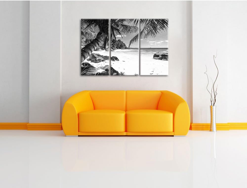 Pixxprint Palmenstrand Seychellen Kunst B&W / 3-Teilig/Gesamtmass 120cm Leinwandbild bespannt auf Ho