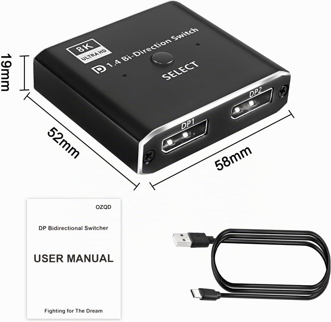 XMSJSIY DisplayPort Switch 8K Bidirektionaler DP 1.4 Switcher 1.4 in 2-Ausgang Ausgang 2 in 1-Ausgan