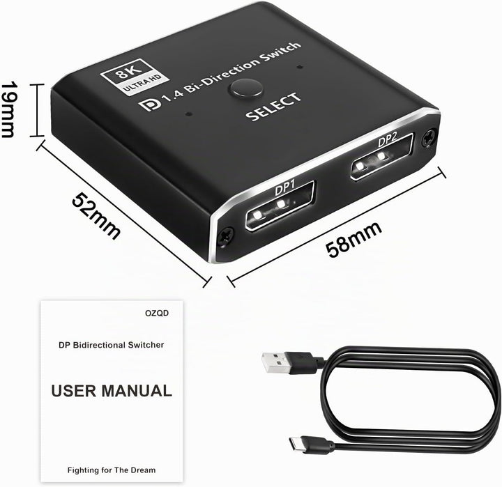 XMSJSIY DisplayPort Switch 8K Bidirektionaler DP 1.4 Switcher 1.4 in 2-Ausgang Ausgang 2 in 1-Ausgan