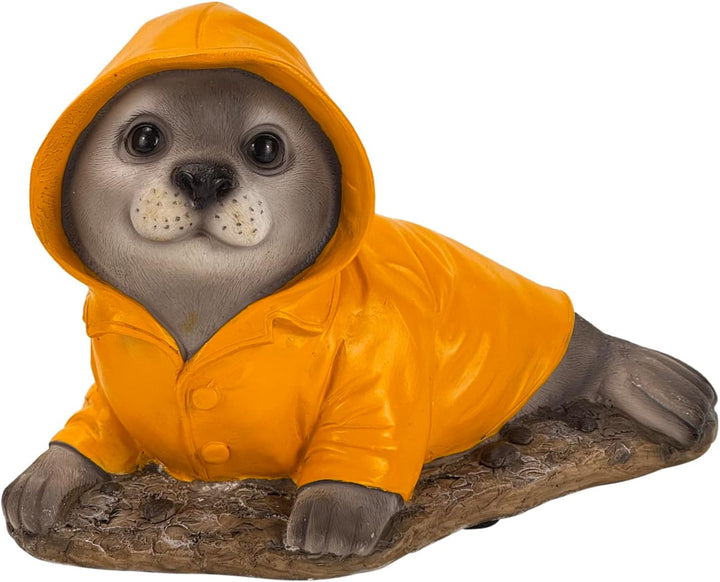 Gartenfigur für draussen, Teichdeko - Seehund, Robbe im Regenmantel, wetterfest - Deko Figur 21,5 cm