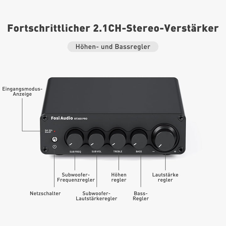 Fosi Audio BT30D Pro Bluetooth Verstärker 2.1 Kanal, Mini HiFi Verstärker mit TPA3255 Chips 165W x2+
