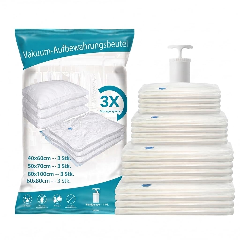 Vakuumbeutel Set mit Handpumpe – 12 Vakuumbeutel (3×40x60, 3×50x70, 3×60x80, 3×80x100 cm) – Platzspa