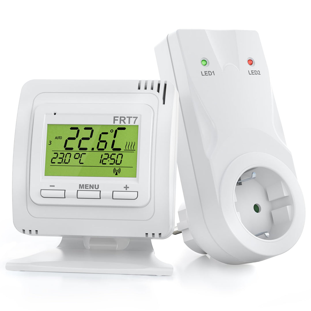 ELEKTROBOCK FRT7B3 Funk-Raumthermostat mit Standfuss | Überall hinstellen | mit Empfänger | 𝑳𝓐𝑵𝐆𝑳𝜠𝓑𝑰