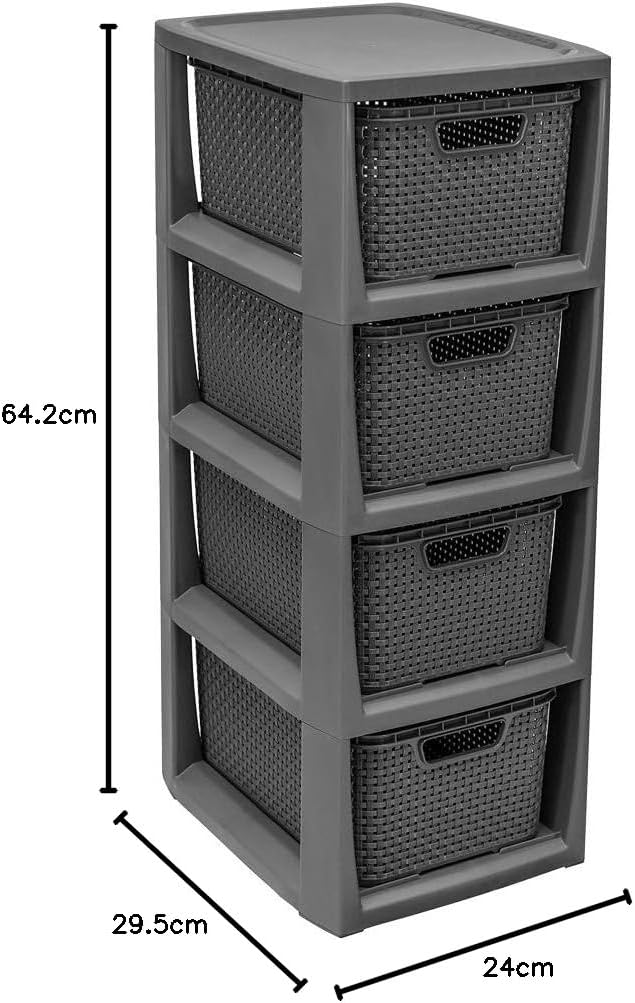 BranQ - Home essential Regal in Rattan Design, Plastic, Anthrazit, 23 x 29 x 65 cm 4 Körben Anthrazi