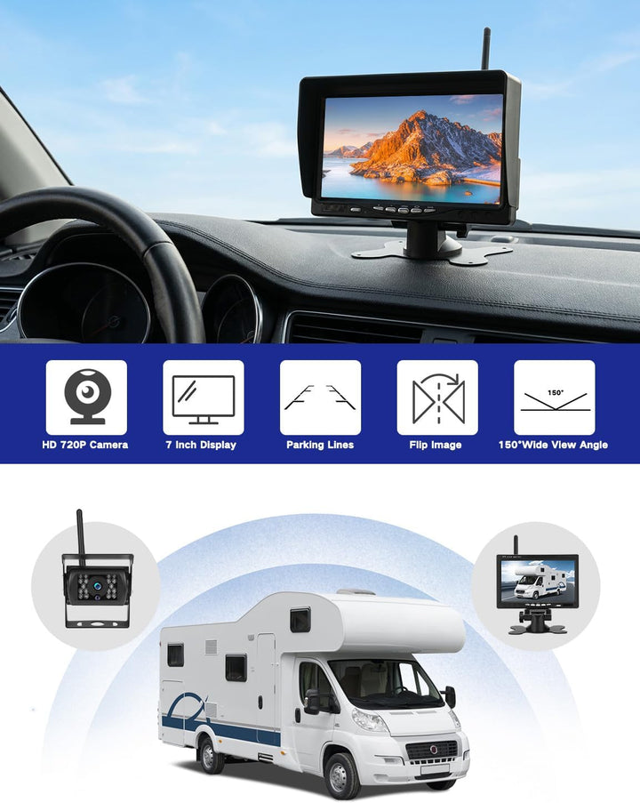 Rückfahrkamera Kabellos Set mit 7" HD Rear View Monitor, IP68 wasserdichte Auto Rückfahrkamera Funk,