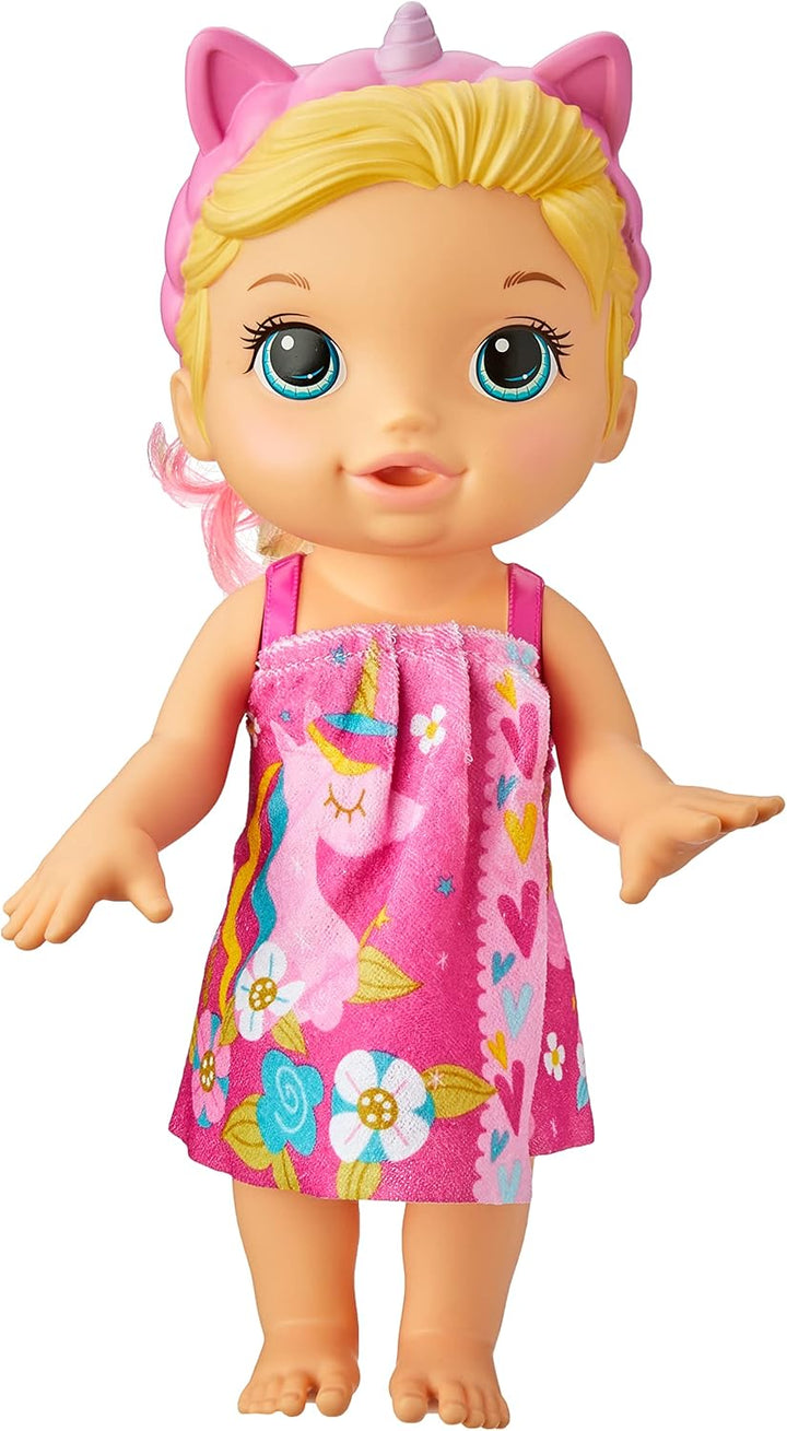 Baby Alive F3564 Baby Beauty Babypuppe, 32,5 cm, Einhorn-Motiv, magisches Make-up und Nägel, Blondes