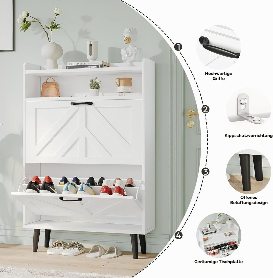 VOWNER Schuhschrank Schmal, Schuhkipper Schuhregal Schmal, mit 2 Klappen, mit Verstellbar und Abnehm