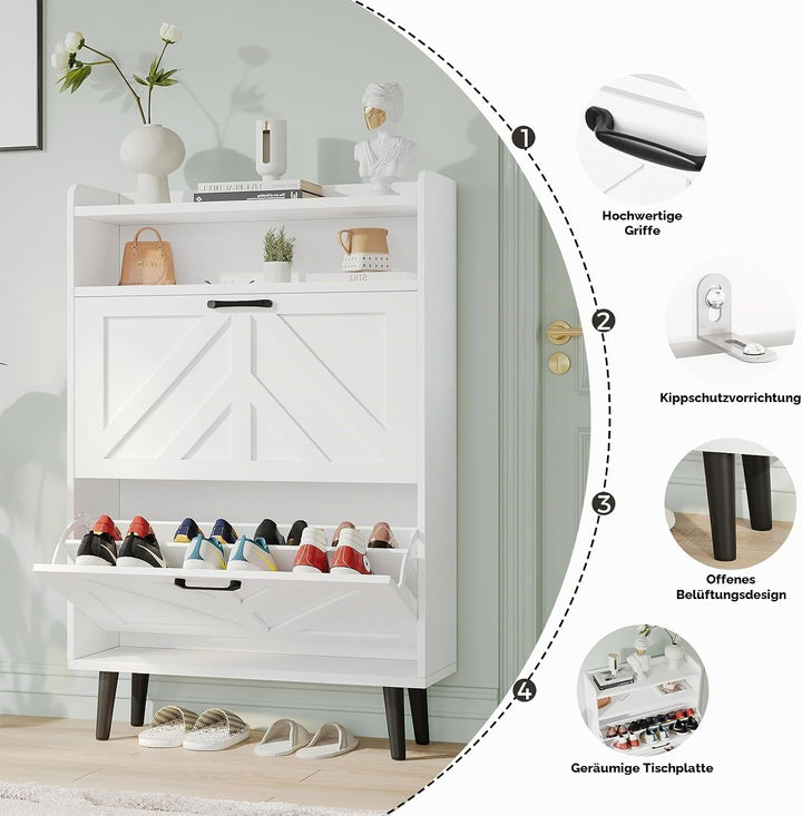 VOWNER Schuhschrank Schmal, Schuhkipper Schuhregal Schmal, mit 2 Klappen, mit Verstellbar und Abnehm