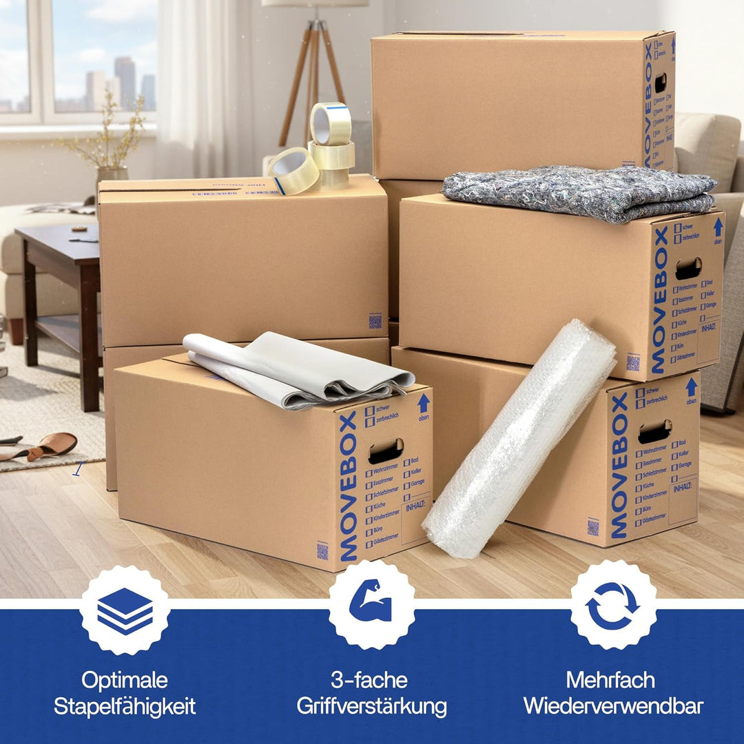 KK-Verpackungen Umzugskartons, 20 Stück, (Profi) STABIL + EXTRA GROSS + 45 KG TRAGLAST + 2-WELLIG -