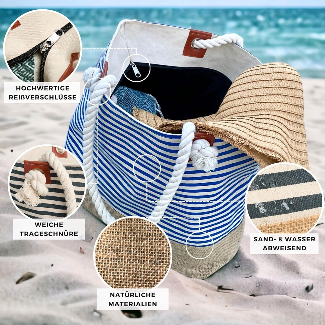 Strandtasche XL - mit Reissverschluss & 2x Innentaschen (für nasse Badekleidung & Wertsachen) bequem