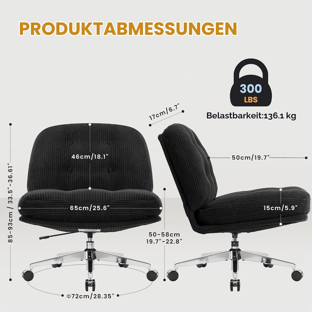 IWMH Bürostuhl ohne Armlehne, Sessel Wohnzimmer mit gekreuzten Beinen, Ergonomischer Drehstuhl mit E