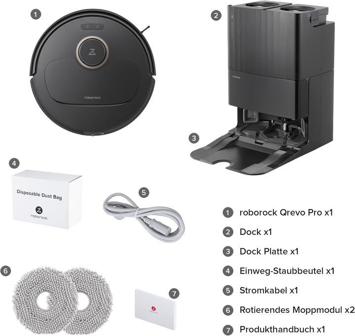 roborock Qrevo Pro Saugroboter mit Wischfunktion&Hebarem Wischmopp, FlexiArm Design™ Kantenreinigung