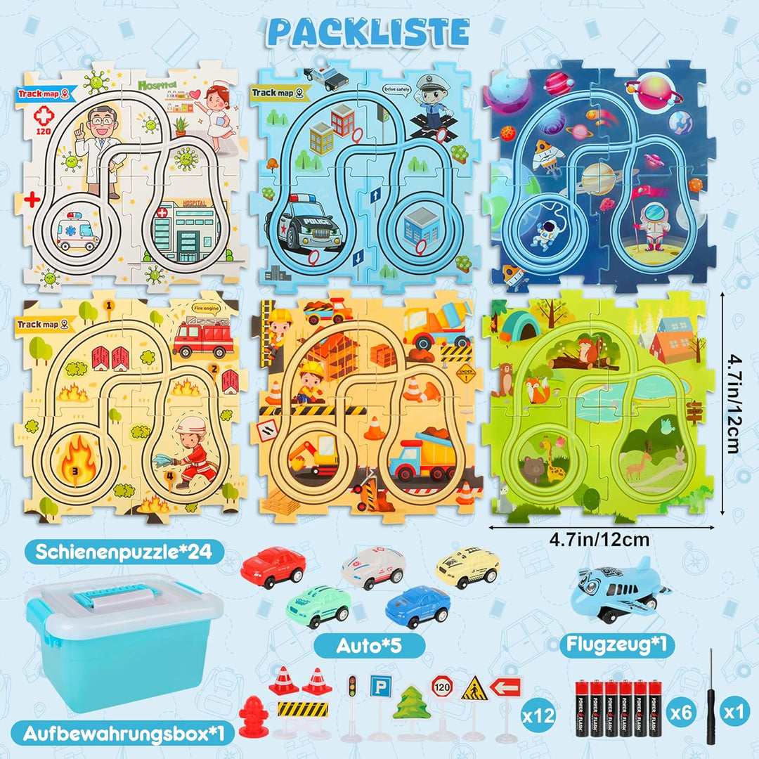 6 Autorennbahn-Sets für Kinder, DIY Rennbahn Puzzle mit 6 Rennauto, Flexible Car Track Spielzeugauto