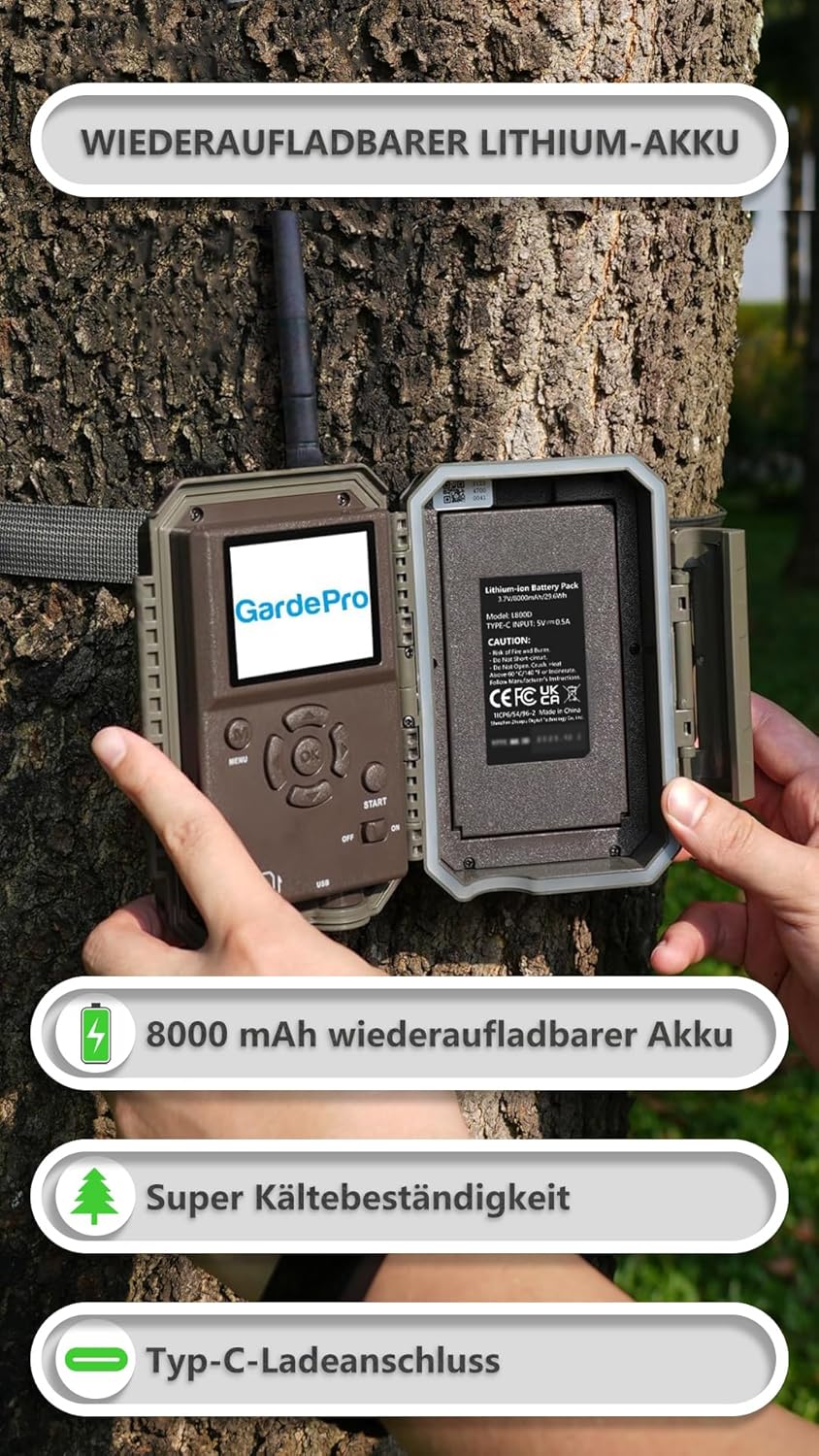 GardePro E8P Wildkamera WLAN, Wiederaufladbare 8000mAh Batterie, 64MP 1296P, Wildtierkamera mit bewe