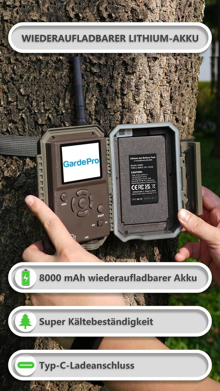 GardePro E8P Wildkamera WLAN, Wiederaufladbare 8000mAh Batterie, 64MP 1296P, Wildtierkamera mit bewe
