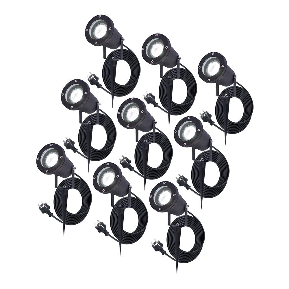 HOFTRONIC 9er Set Sydney - GU10 LED Strahler mit Erdspiess - 1,5M kabel mit Stecker - 4W 450lm - Alu