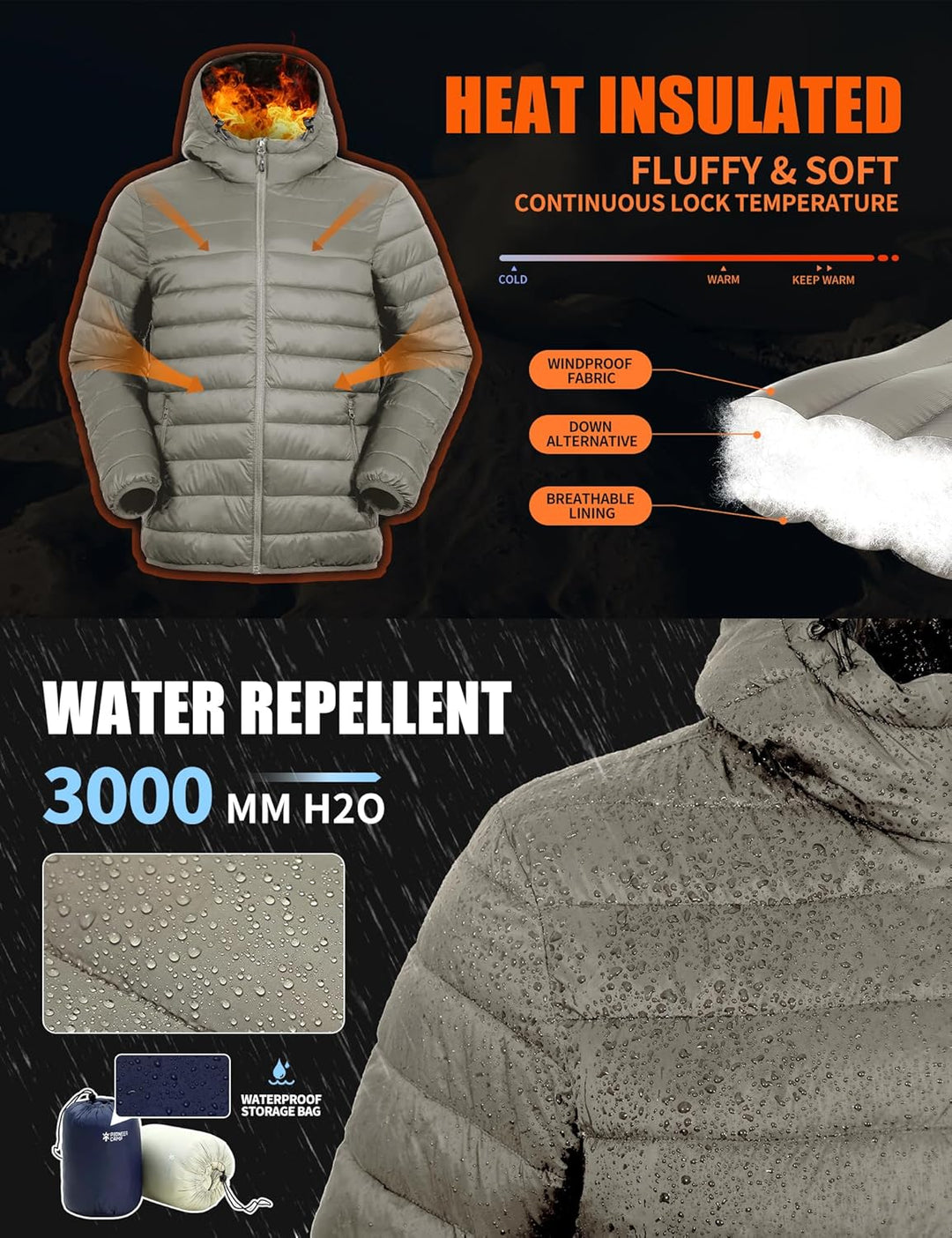 Herren Leichte Steppjacke Daunenjacken-Optik Übergangsjacke Outdoor Winterjacke mit 6 Taschen XL Kha