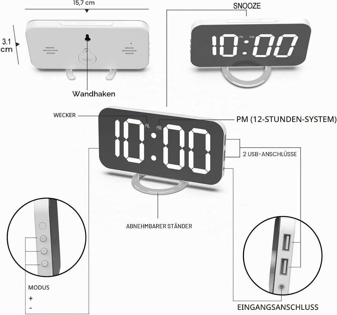 ThreeH Digitaler Alarm mit Dual-USB-Ladegerät Einstellbare Helligkeit Dimmer Snooze LED-Anzeige Weck