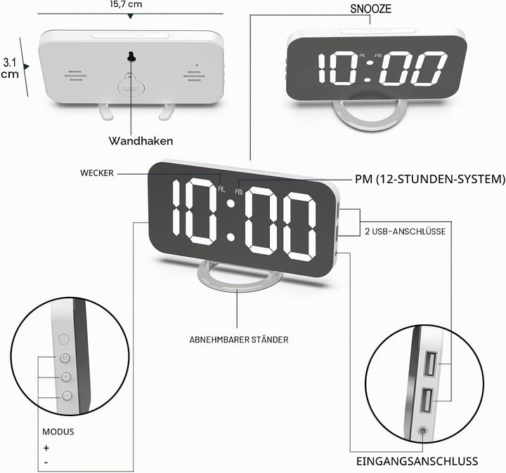 ThreeH Digitaler Alarm mit Dual-USB-Ladegerät Einstellbare Helligkeit Dimmer Snooze LED-Anzeige Weck
