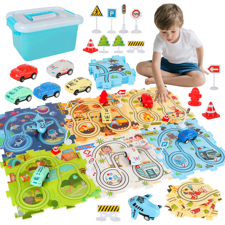 6 Autorennbahn-Sets für Kinder, DIY Rennbahn Puzzle mit 6 Rennauto, Flexible Car Track Spielzeugauto