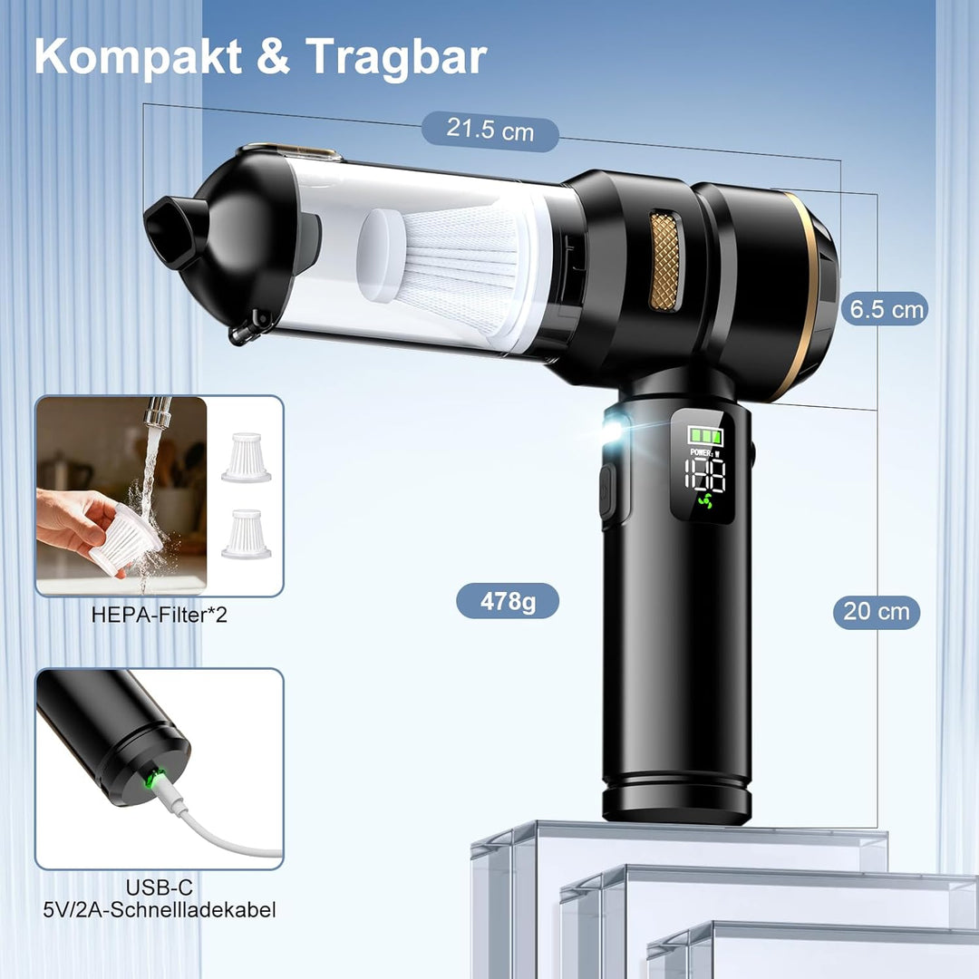 Handstaubsauger Akku 4-in-1, 32000Pa Auto Staubsauger Stark, Handstaubsauger Auto, LCD Display Autos