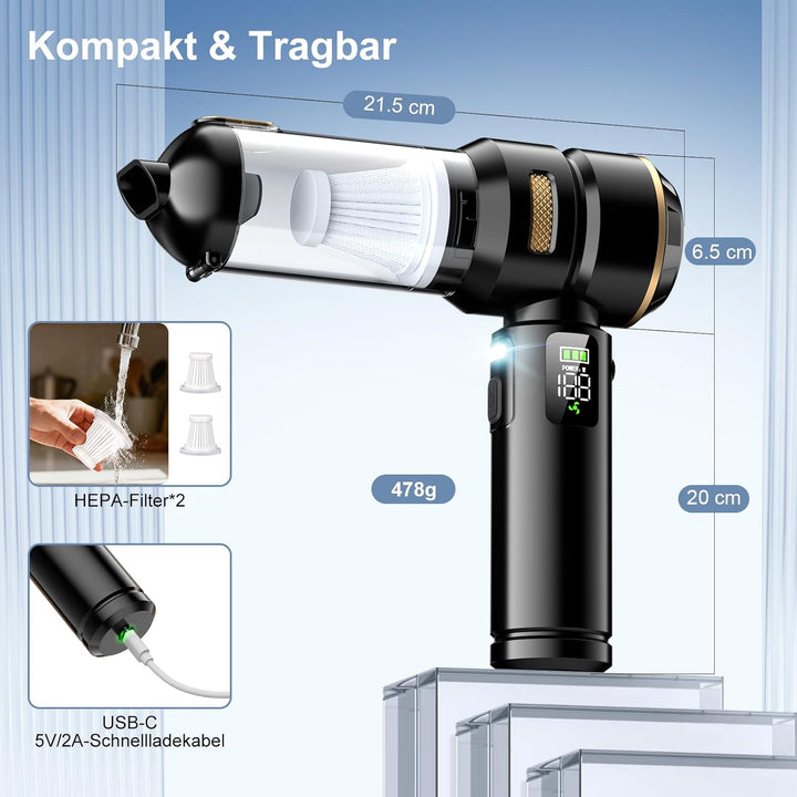 Handstaubsauger Akku 4-in-1, 32000Pa Auto Staubsauger Stark, Handstaubsauger Auto, LCD Display Autos