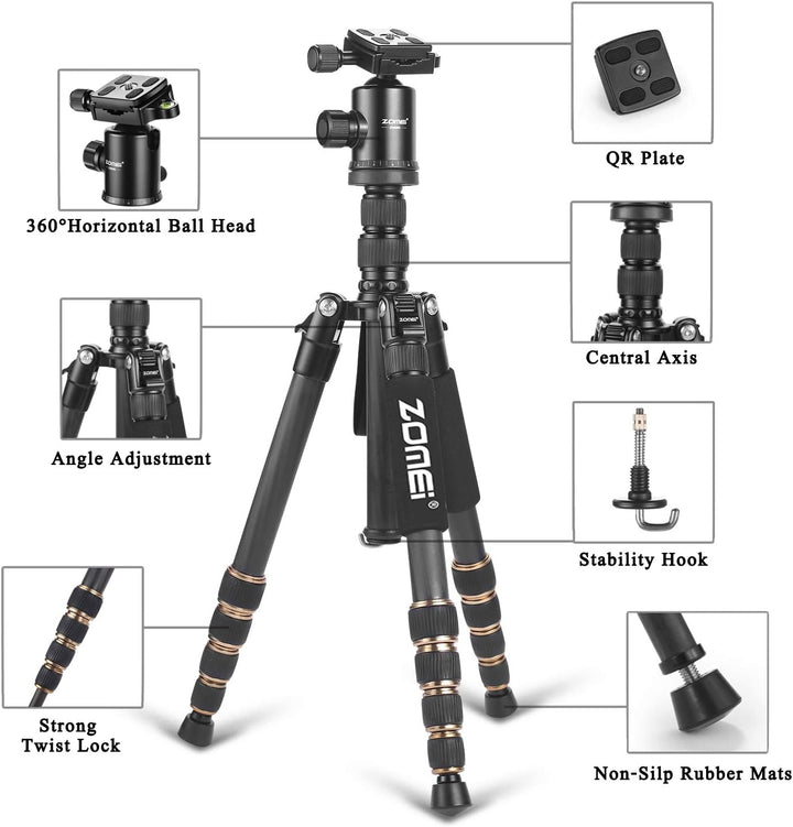 ZOMEi Kamerastativ Z669C 151cm mit Kugelkopf aus Kohlefaser Carbon,Professionelles Leichtgewichtiges