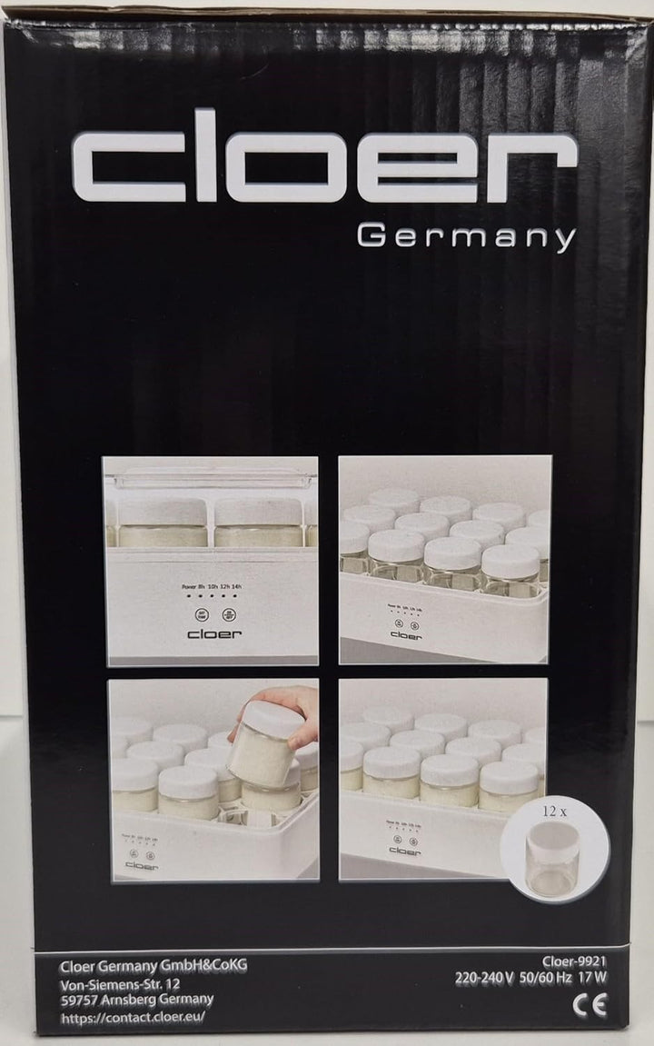 Cloer 9921 Joghurtbereiter für 12 Gläser, je 150 ml Fassungsvermögen, für Joghurt und Fermentkulture