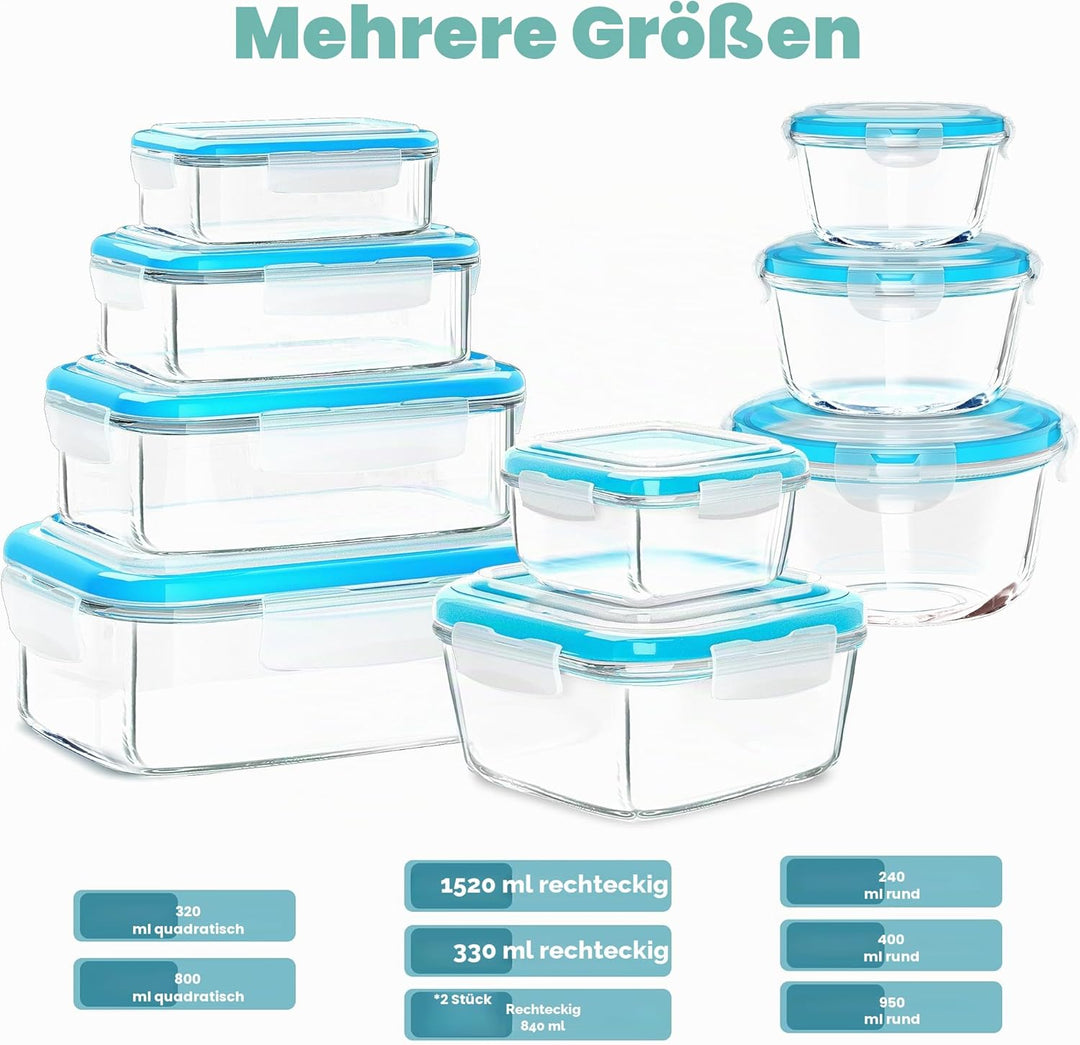 KICHLY Vorratsbehälterset für Lebensmittel aus Glas - 18 Teile (9 Behälter und 9 Deckel) - Transpare