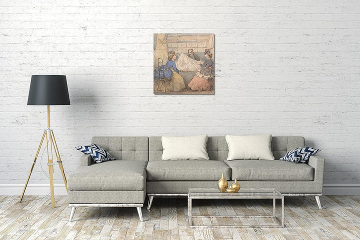 Leinwand (70x70cm): Anonym, Britisch, 19. Jahrhundert - Zwei Frauen, die Stoffe in einem Geschäft be