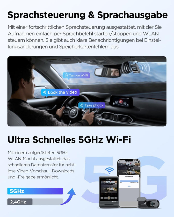VIOFO A229 Plus 2K + 2K Dual STARVIS 2, HDR Vorne hinten Dashcam Auto, Sprachsteurung & 5GHz Wi-Fi W
