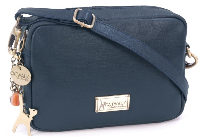 Catwalk Collection Handbags - Leder - Klein Umhängetasche Messenger/Schultertasche - POLLY Blau, Bla