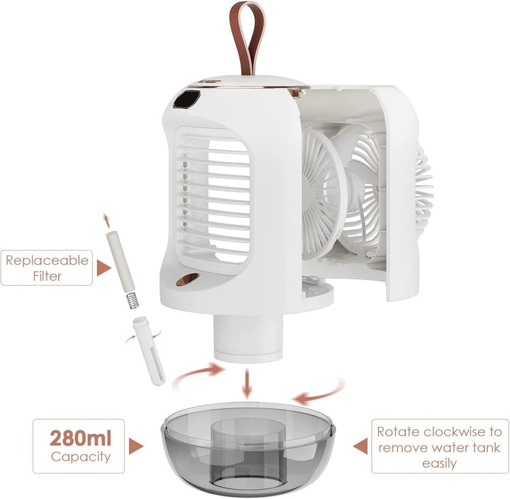 Drehbar Mobile Klimageräte, Multifunktional USB Mini Air Cooler mit 3 Geschwindigkeiten, Nachtlicht,